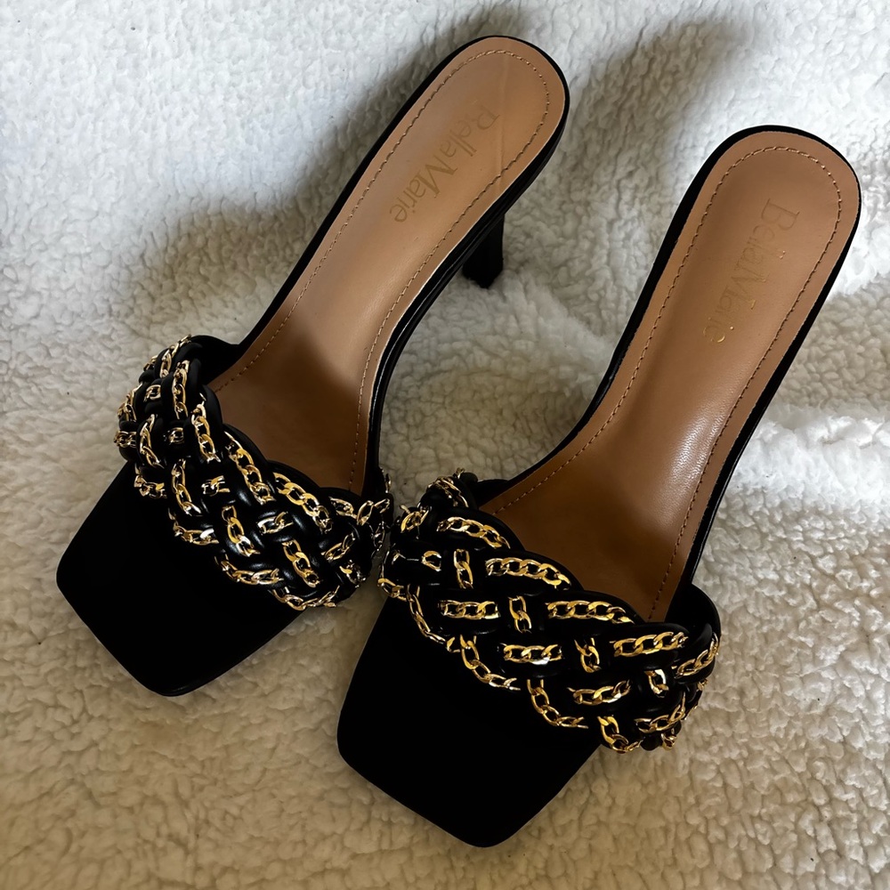 Bellini Black Heels with Gold Chain Detail